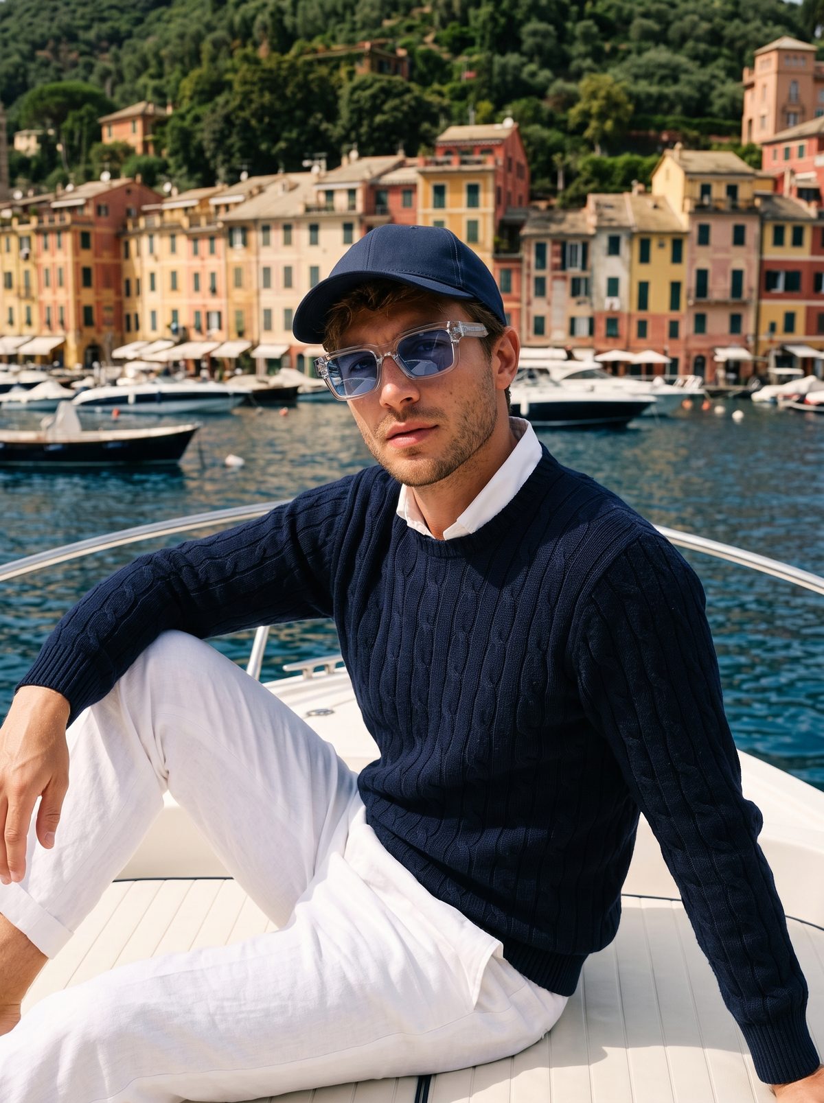 Man on a boat in Portofino wearing BRERA sunglasses