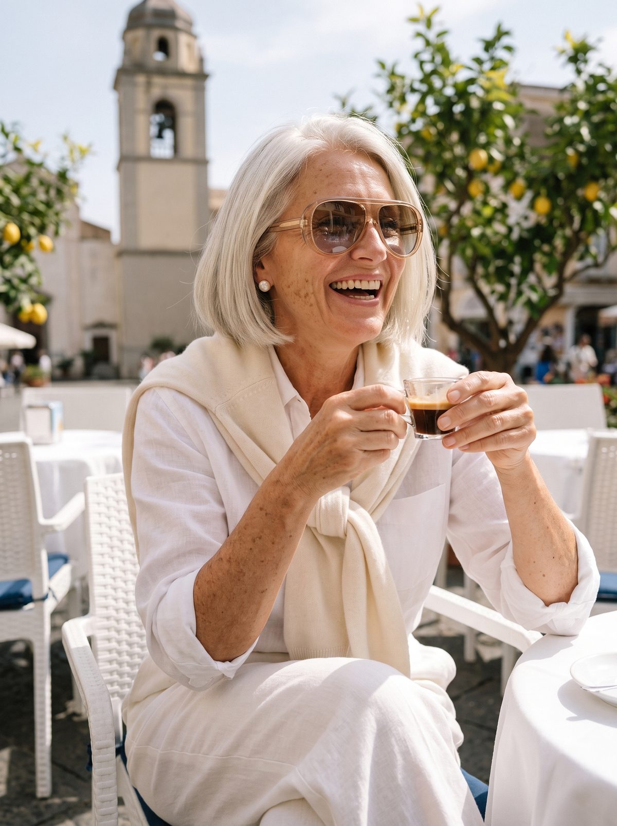 Woman at a café in Capri wearing PALMA sunglasses