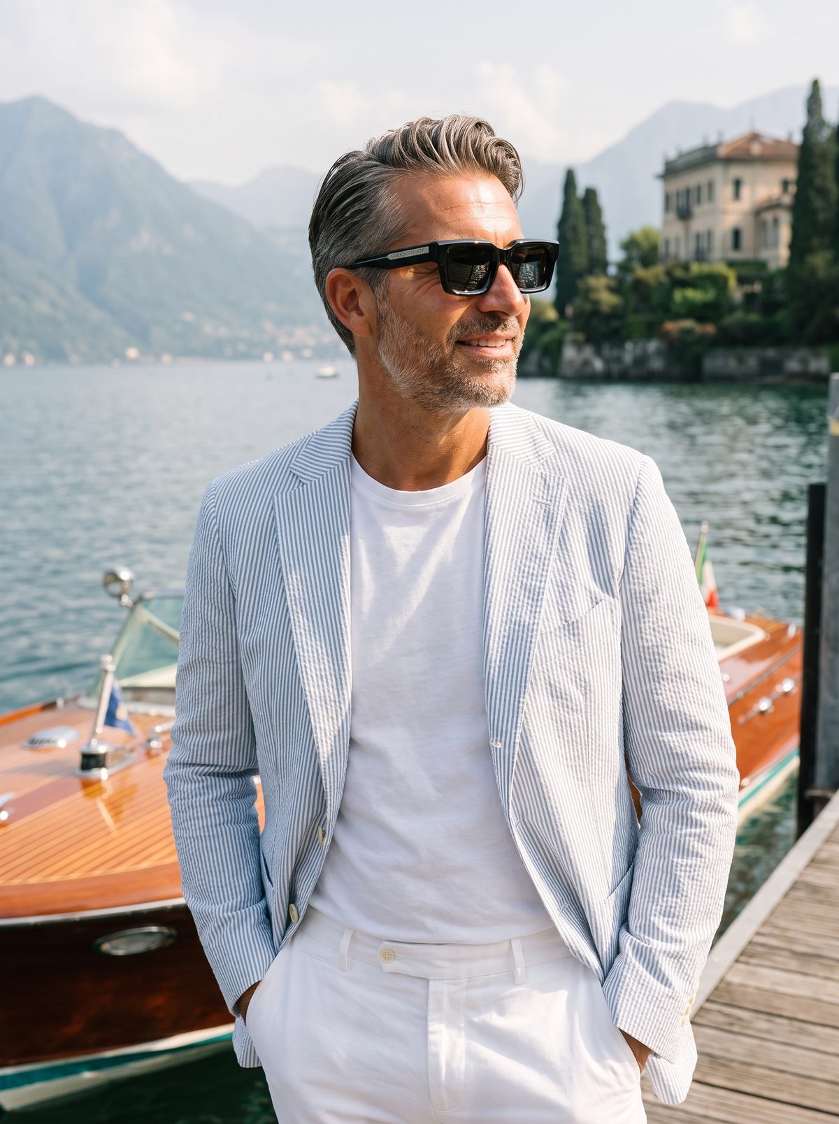 Man on a Lake Como jetty wearing BRERA sunglasses